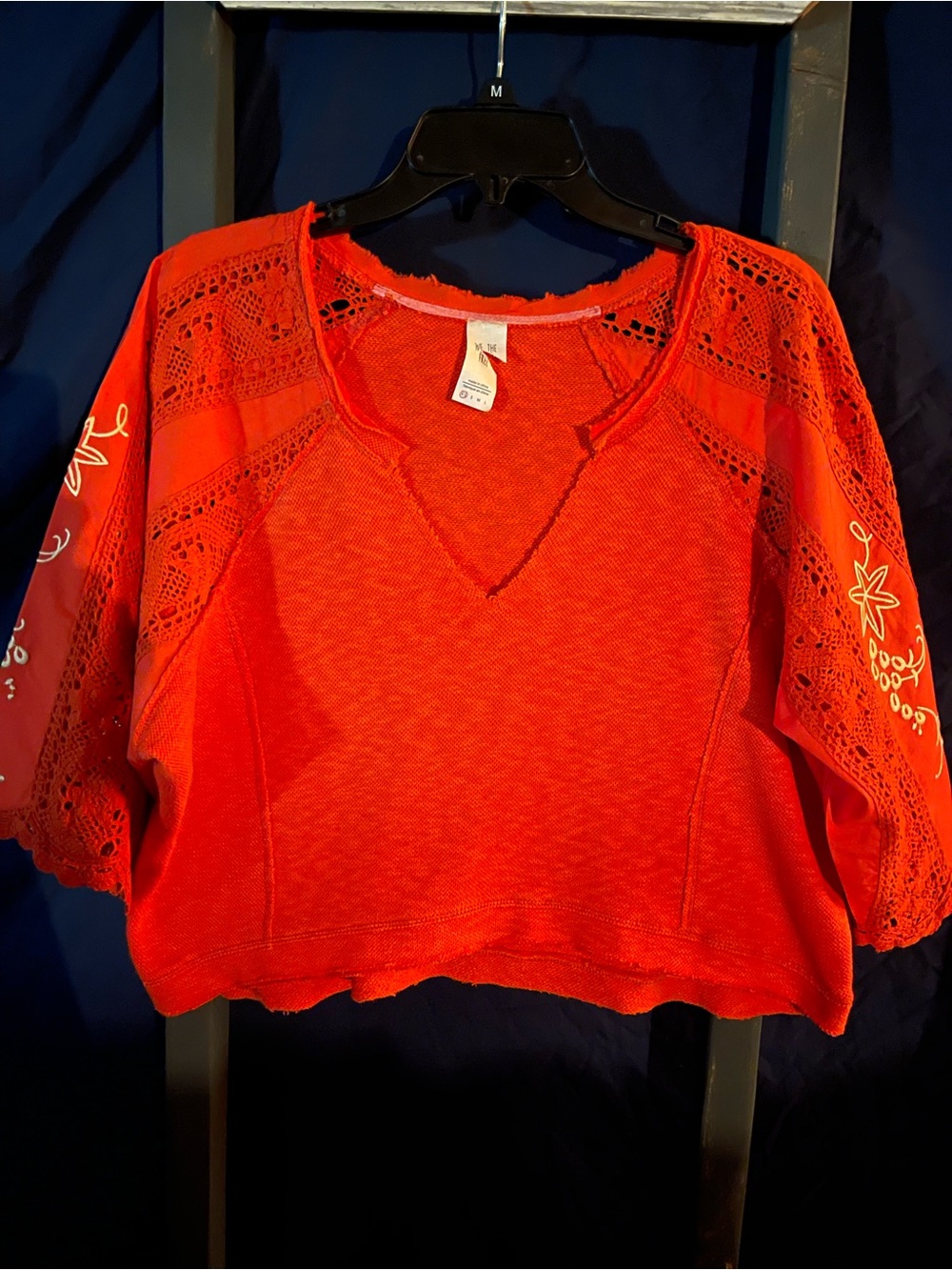 We The Free Orange-Red Crochet Sleeve Crop Top
